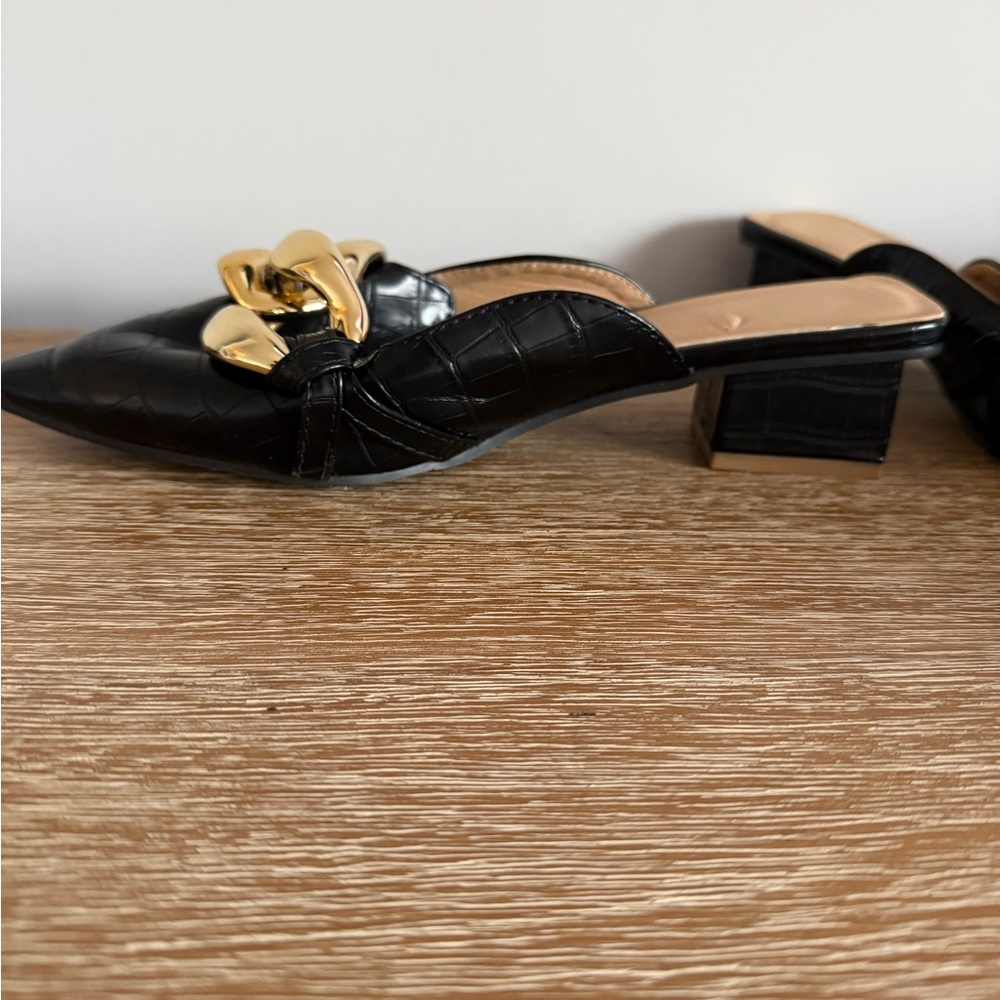 Black Pointed Toe Slip-On Mules with Gold Chain Accent - Picture 2 of 3